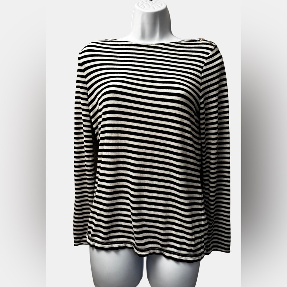 Ralph Lauren Striped Top Black White Long Sleeve Size PL Classic Chic - Picture 2 of 7